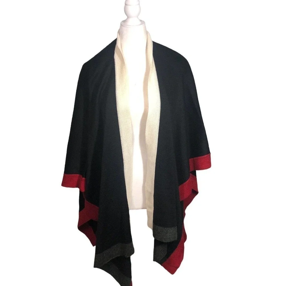 Coldwater Creek Poncho‎ Womens One Size Ruana Wrap Black Red Colorblock Wool New